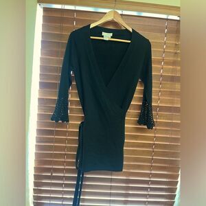 Vintage Spiegel Silk Cashmere Wrap Tunic Sweater Plunge Neck Crochet Bell Sleeve